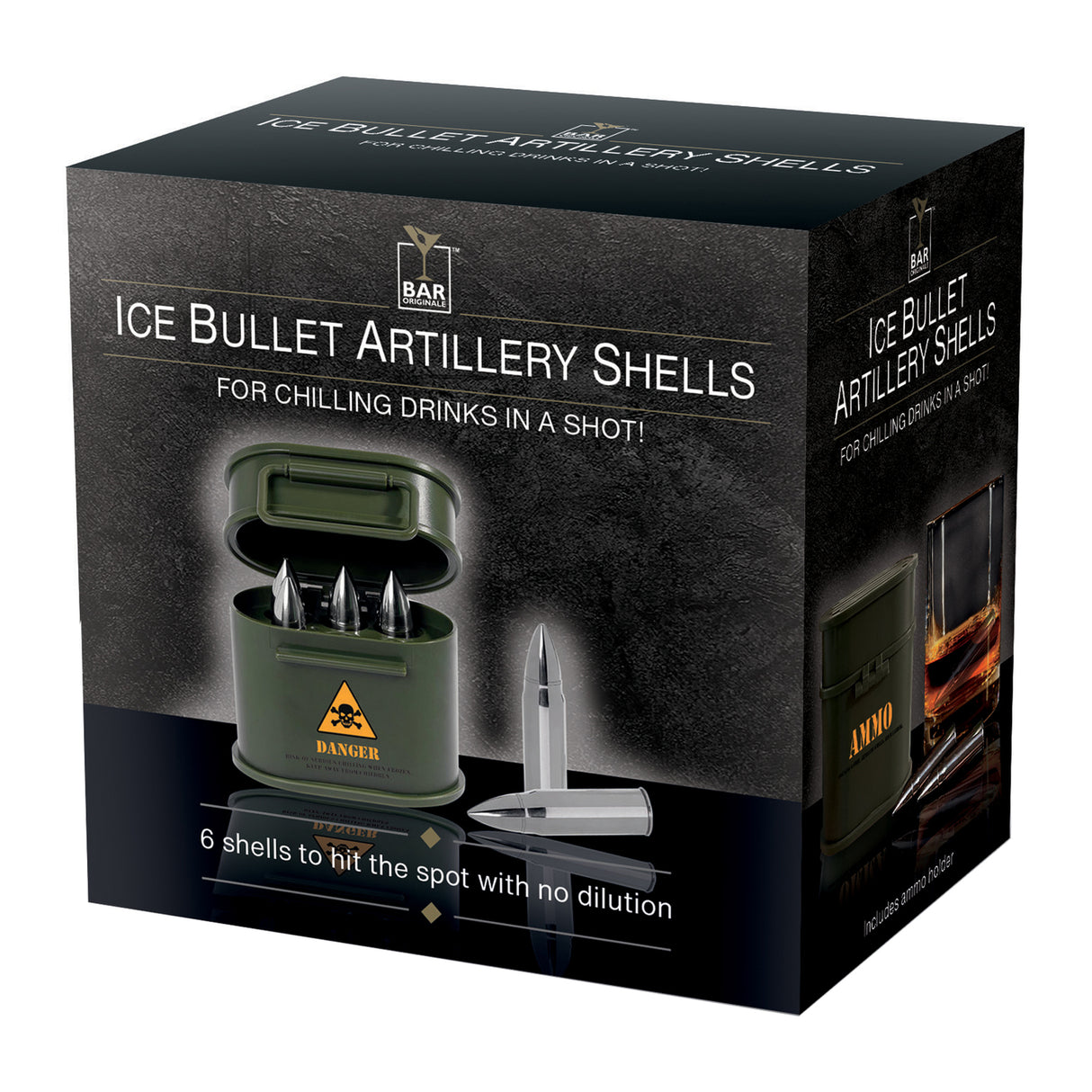 Kaliber 58mm Patrone Eiswürfel aus Metall mit Munitionskoffer im 6er Set
