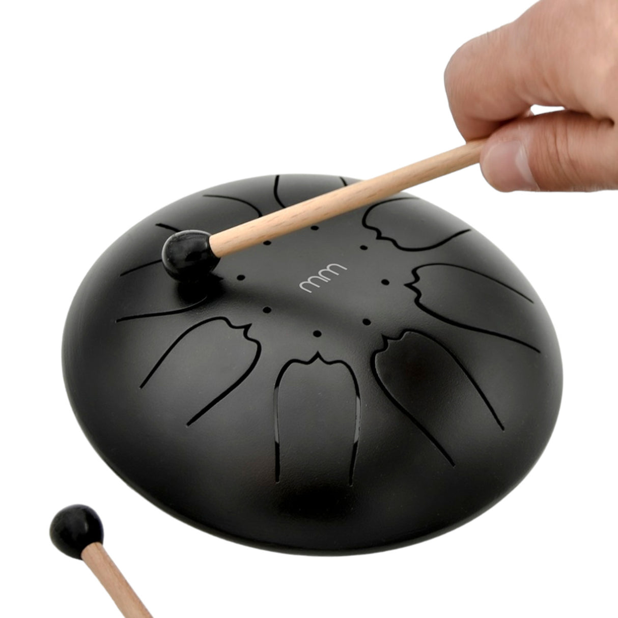 Zungentrommel Instrument aus Metall Tongue Drum mit Trommelstöcken und vier Fingerpicks
