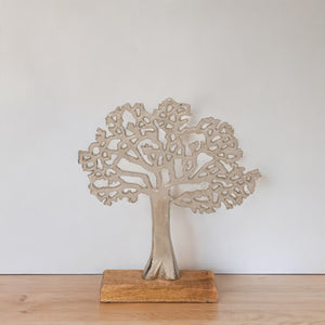 Silberfarbener Schmuckhalter Lebensbaum Deko Baum Schmuckständer aus Metall und Holz