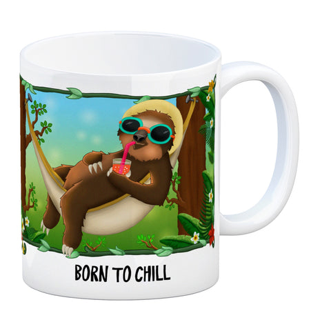 Kaffeebecher mit Faultier in Hängematte Motiv und Spruch: Born to chill