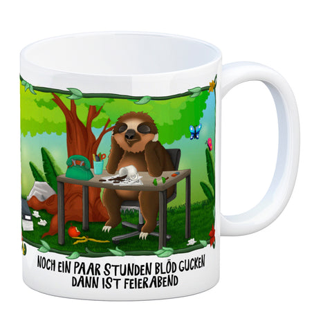 Kaffeebecher mit Faultier im Büro Dschungelmotiv und Spruch: Nur noch ein paar Stunden blöd ...