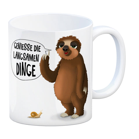 Kaffeebecher mit Faultier und Schnecke Motiv und Spruch: Genieße die langsamen Dinge