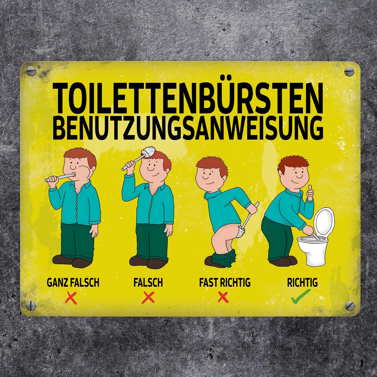 Metallschild mit Spruch: Toilettenbürstenbenutzungsanweisung