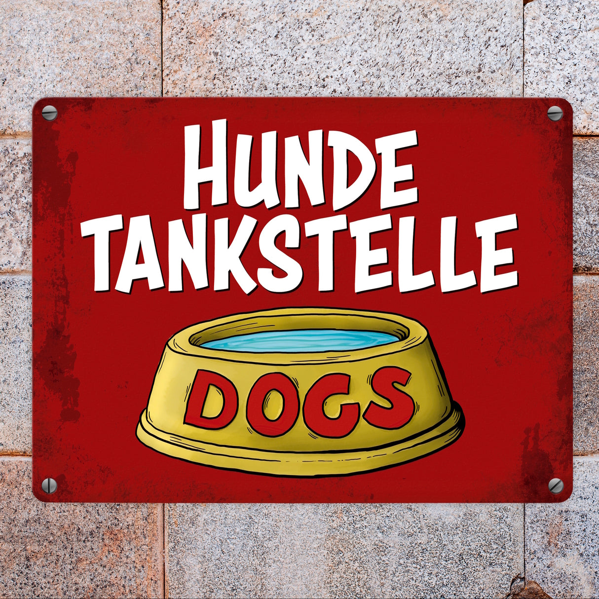 Metallschild mit Wassernapf Motiv und Spruch: Hundetankstelle