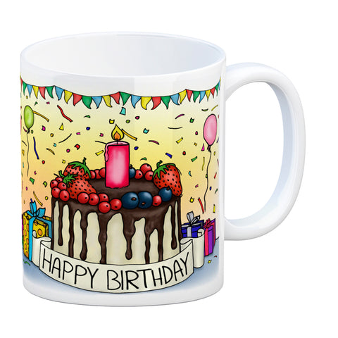 Kaffeebecher mit Geburtstagstorte Motiv und Spruch: Happy Birthday