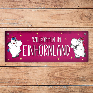 Honeycorns Metallschild mit Einhorn Motiv und Spruch: Willkommen im Einhornland