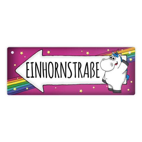 Honeycorns Metallschild mit Einhorn Motiv und Spruch: Einhornstraße