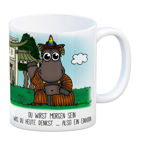 Honeycorns Kaffeebecher mit Einhorn Buddha Motiv und Spruch: Du wirst morgen sein ..