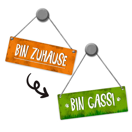 Bin gassi - Bin Zuhause Wendeschild mit Kordel