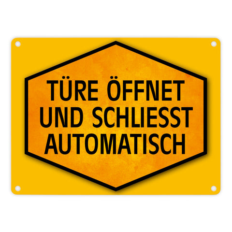 Türe öffnet und schließt automatisch Warn- und Hinweisschild in Gelb und Schwarz