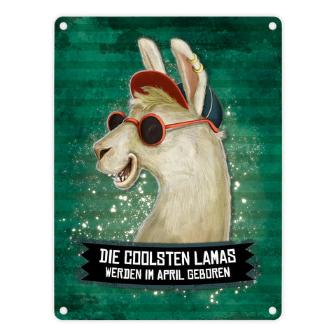 Metallschild mit Spruch: Die coolsten Lamas werden im April geboren