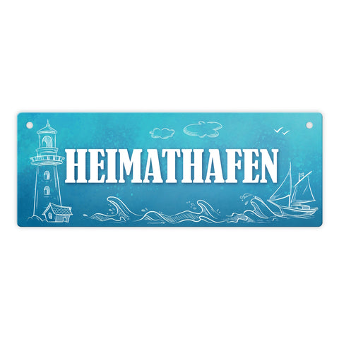 Metallschild mit maritimen Motiv und Spruch: Heimathafen