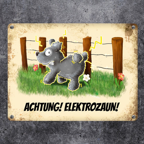 Metallschild mit elektrisierendem Motiv und Spruch: Achtung! Elektrozaun!