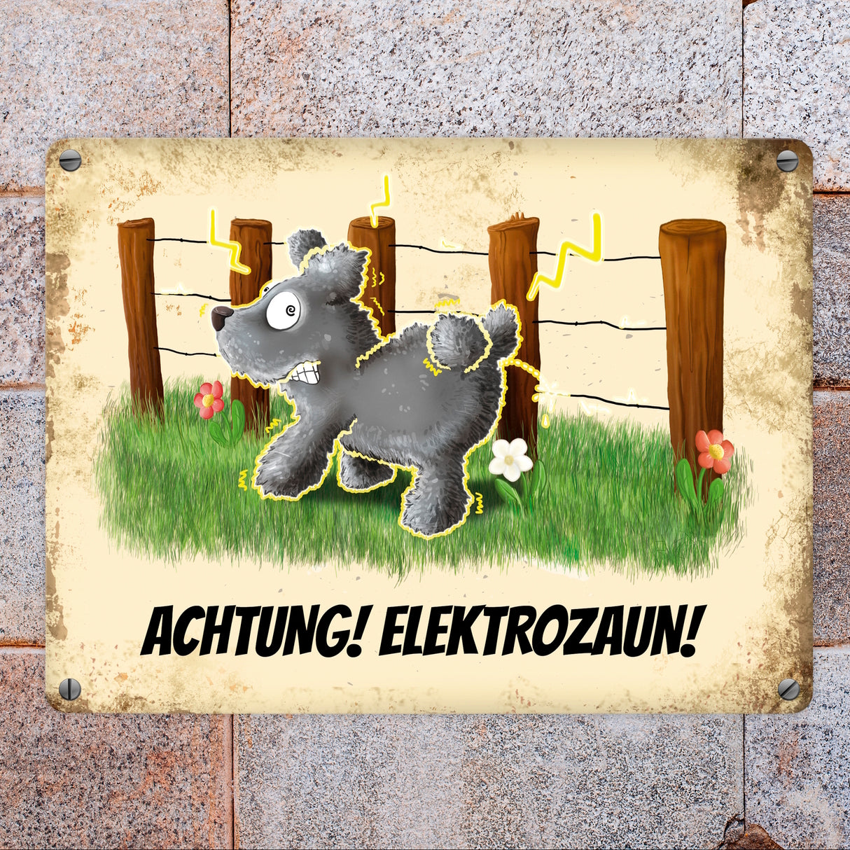 Metallschild mit elektrisierendem Motiv und Spruch: Achtung! Elektrozaun!