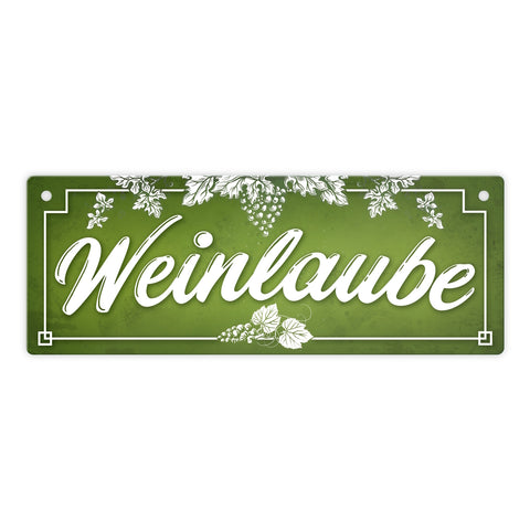 Wein Metallschild mit Weinreben Motiv und Spruch: Weinlaube