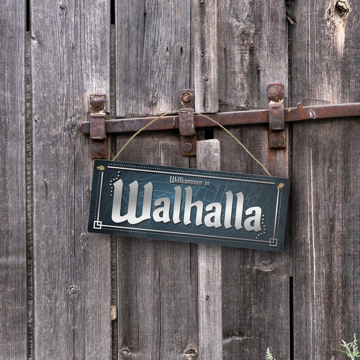 Wikinger Metallschild im nordischen Stil mit Spruch: Willkommen in Walhalla