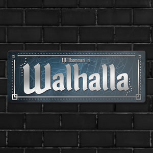 Wikinger Metallschild im nordischen Stil mit Spruch: Willkommen in Walhalla