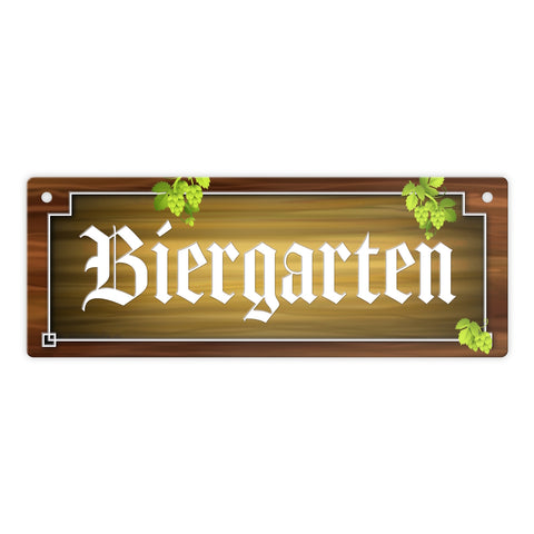 Biergarten Metallschild in Holz-Optik und Hopfen Motiv