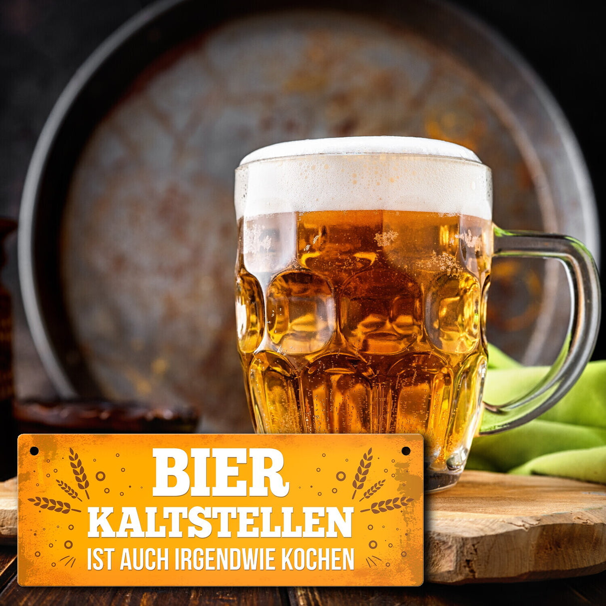 Bier Metallschild mit Weizen Motiv und Spruch: Bier kaltstellen ist auch irgendwie kochen