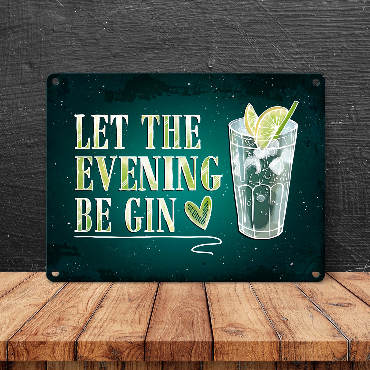 Gin Metallschild mit Alkohol Motiv und Spruch: Let the evening be gin