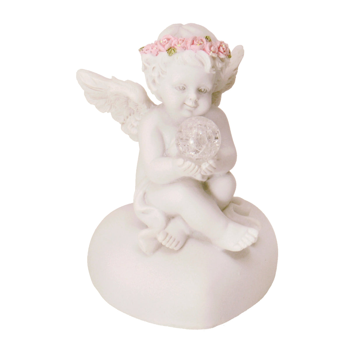 Engel Dekofigur mit LED-Kugel und Rosenblütenkranz