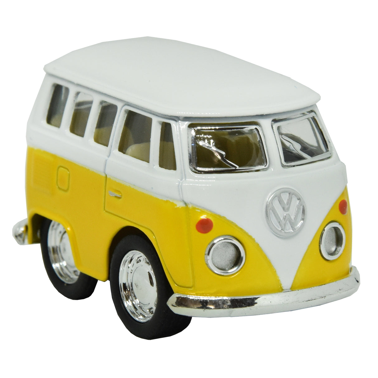 Volkswagen VW T1 Bus Comic Style Modellauto in gelb mit Rückziehmotor