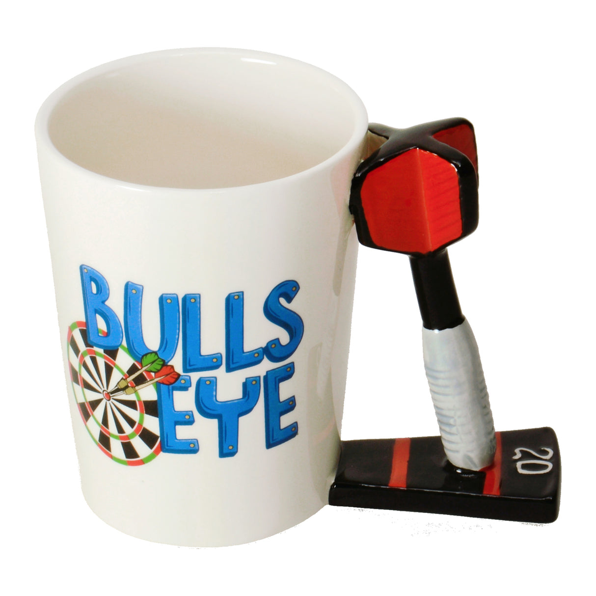 Darts - Bullseye Kaffeebecher mit Dartpfeil als Griff