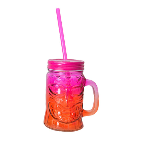 Tiki Glas mit Deckel und Strohhalm in pink