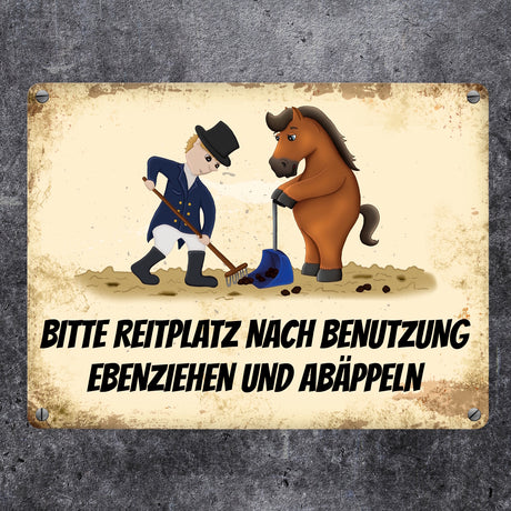 Reiter Metallschild mit braunem Pferd Motiv und Spruch: Bitte Reitplatz säubern