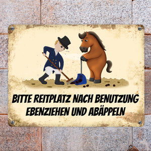 Reiter Metallschild mit braunem Pferd Motiv und Spruch: Bitte Reitplatz säubern