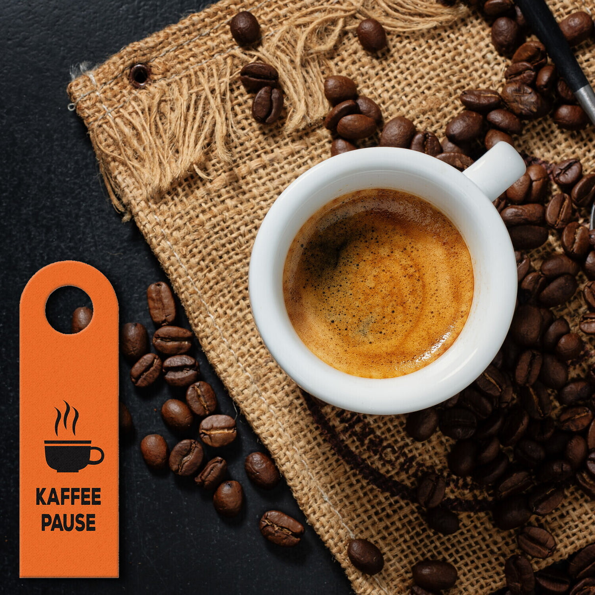 Büro Türhänger in Orange mit Kaffee Motiv und Spruch: Kaffeepause