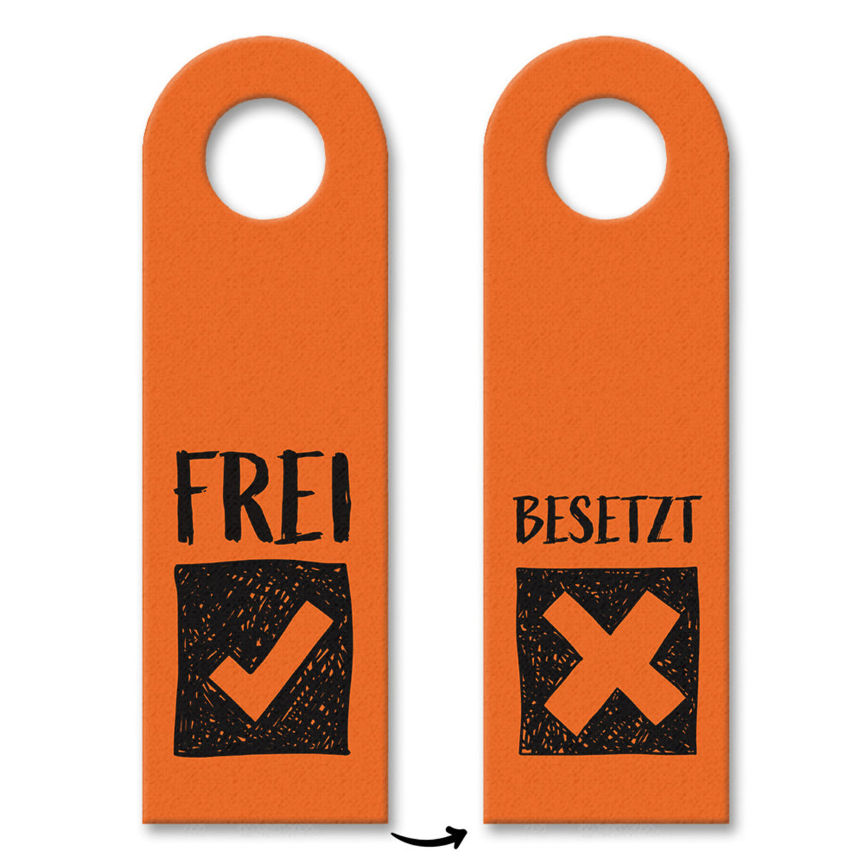 Besetzt oder Frei Türhänger in Orange mit Symbolen für die Toilettentür