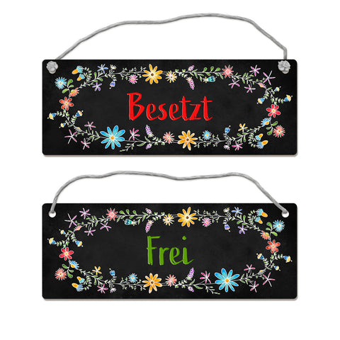 Schwarzes Toilette ist frei oder besetzt Wendeschild mit Blumen Motiv und Kordel