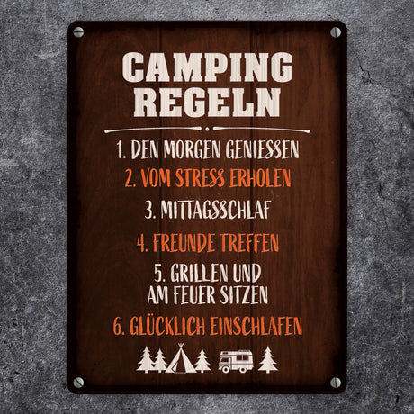 Camping Regeln Metallschild im rustikalen Stil