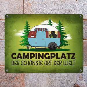 Campingplatz Metallschild mit Wohnwagen Motiv Wohnmobil Urlaub Hobby Natur Ort