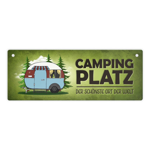 Campingplatz Metallschild schmal mit Wohnwagen Motiv Wohnmobil Urlaub Hobby Ort