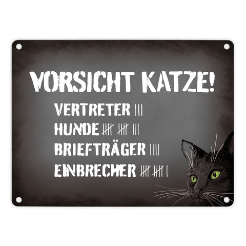 Vorsicht Katze! Metallschild mit Strichliste Motiv
