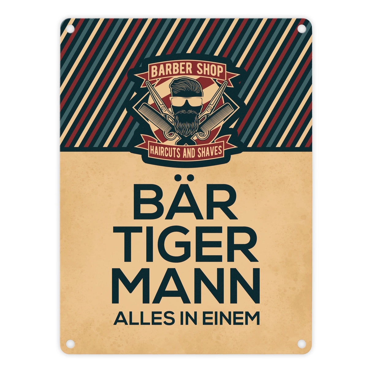 Bär-Tiger-Mann alles in einem Metallschild mit Barber-Shop Motiv