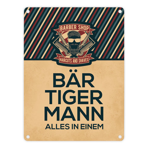 Bär-Tiger-Mann alles in einem Metallschild mit Barber-Shop Motiv