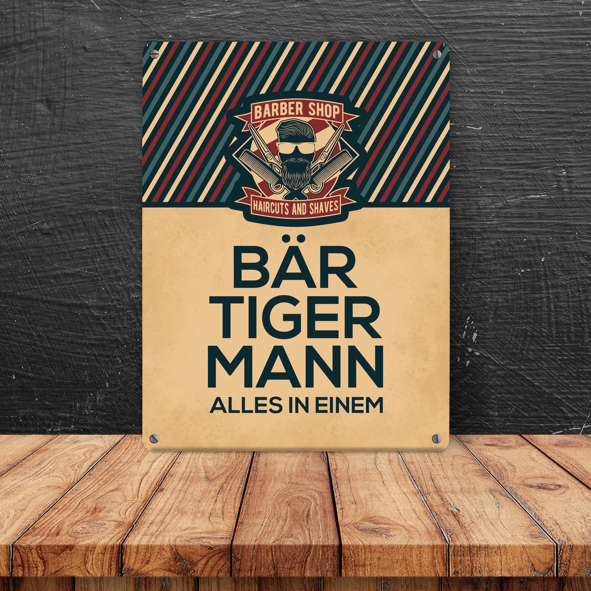 Bär-Tiger-Mann alles in einem Metallschild mit Barber-Shop Motiv