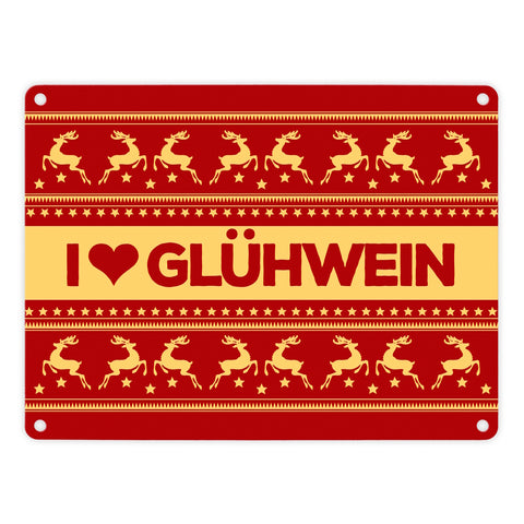 I love Glühwein Metallschild mit Weihnachtsmuster Motiv - Weihnachten Herz Advent Muster Rentier Stern Punkte