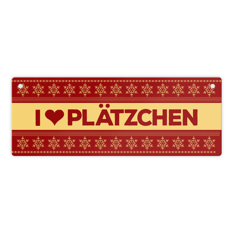 I love Plätzchen Metallschild mit Weihnachtsmuster Motiv - Weihnachten Herz Schnee Sterne Punkte Muster