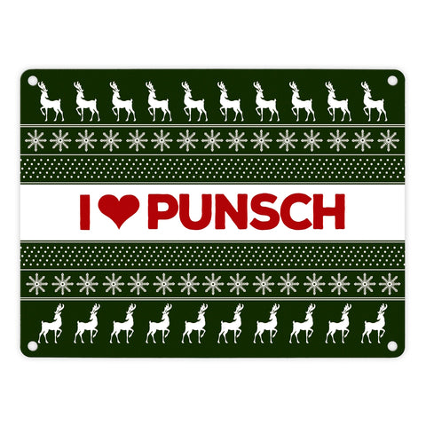 I love Punsch Metallschild mit Weihnachtsmuster Motiv - Weihnachten Herz Rentier Sterne Schnee Punkte Muster