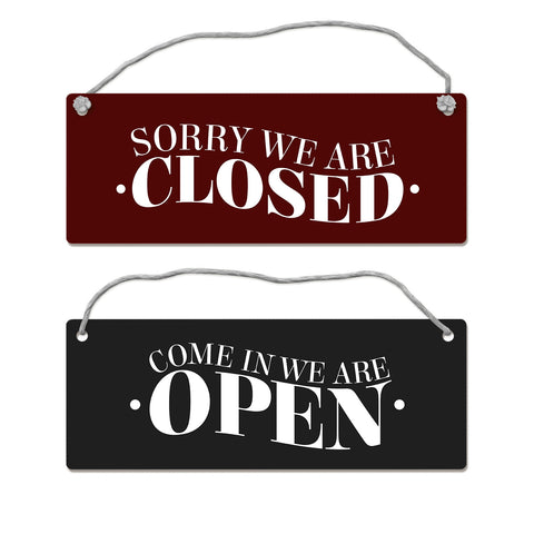 We are open oder we are closed Wendeschild mit Kordel in schwarz-rot