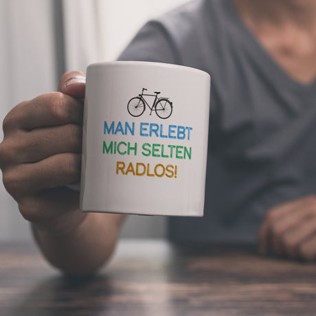 Man erlebt mich selten radlos Kaffeebecher mit Fahrrad Motiv