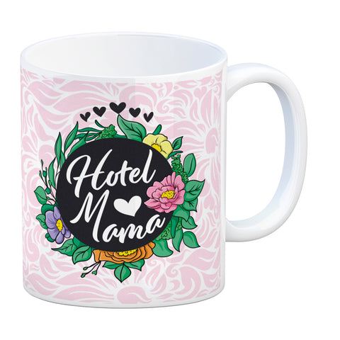 Hotel Mama Tasse mit floralen Mustern und Aufschriften