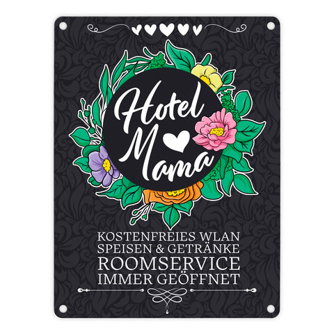 Hotel Mama Metallschild mit floralen Mustern und Aufschriften