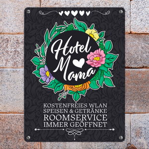 Hotel Mama Metallschild mit floralen Mustern und Aufschriften