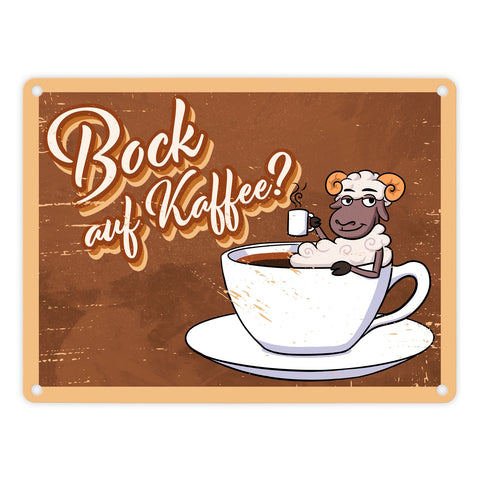 Bock auf Kaffee, Metallschild mit lustigem Schafsbock