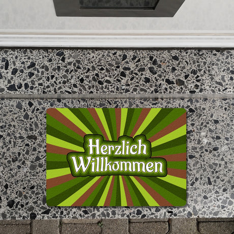 Farbenfrohe Herzlich Willkommen Fußmatte in 35x50 cm ohne Rand in wilden grünen Farbtönen